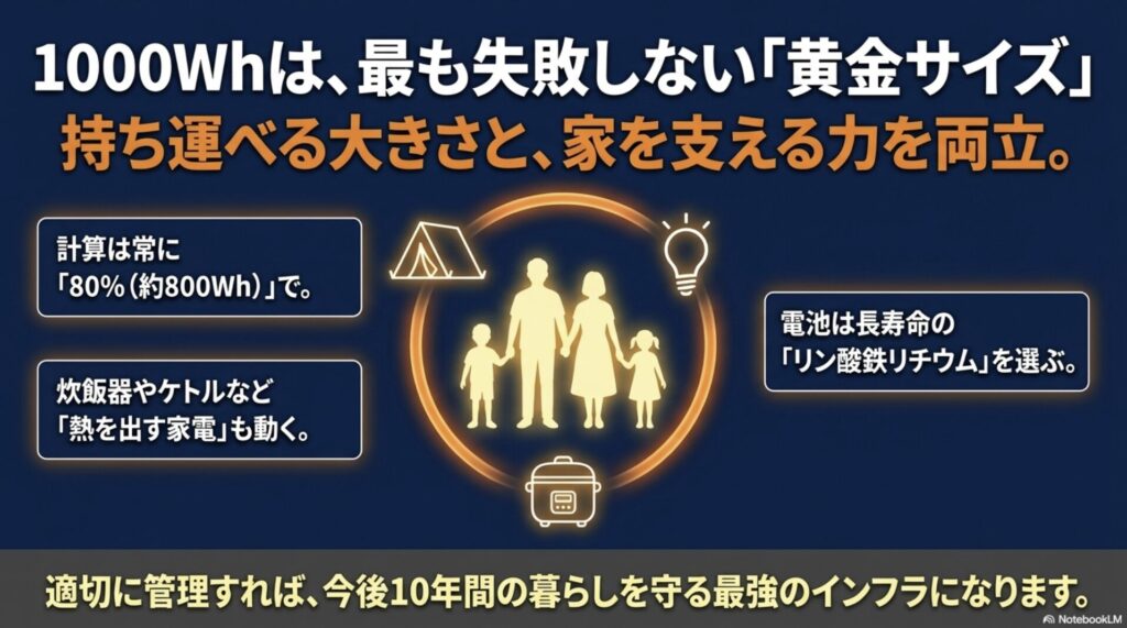 80%計算の徹底、熱を出す家電の利用、リン酸鉄の選択など、1000Whクラスを10年使うための要点をまとめた最終確認スライド。