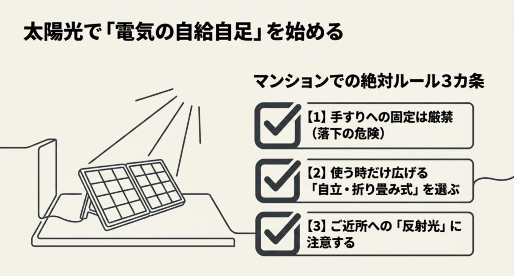 マンションのベランダでソーラーパネルを使う際の手すり固定厳禁、自立式使用、反射光注意の3つの絶対ルール