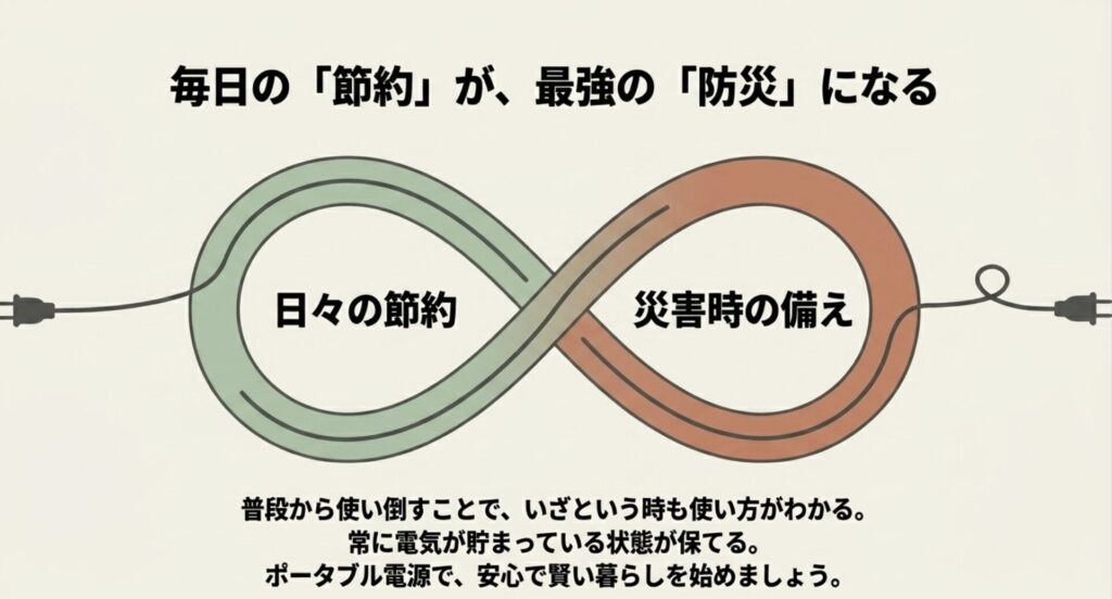 普段から使い倒すことで節約になり、常に電気が貯まっていることでいざという時の備えになるという良いサイクルのまとめ図