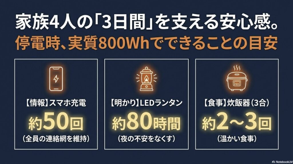 家族4人の3日間を想定し、スマホ充電約50回、LEDランタン約80時間などの具体的な稼働目安をまとめたスライド。