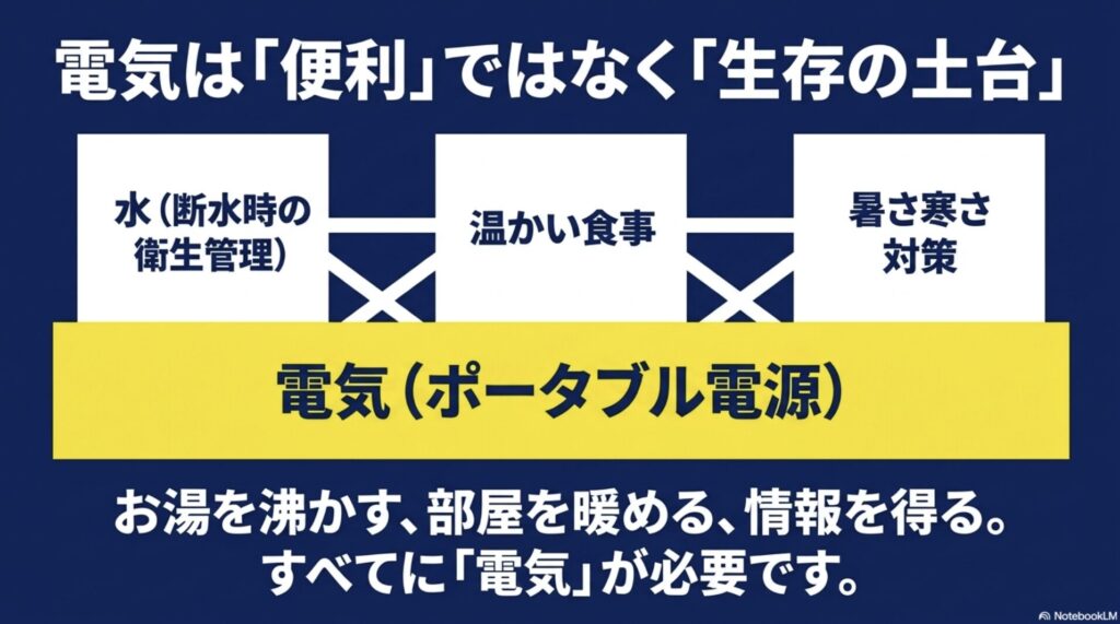 水（衛生管理）、温かい食事、暑さ寒さ対策という生存の土台を、電気（ポータブル電源）が支えていることを示す図解