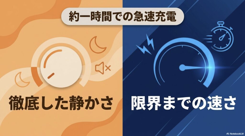 約1時間の急速充電におけるJackeryの静音性とAnkerの限界速度の比較