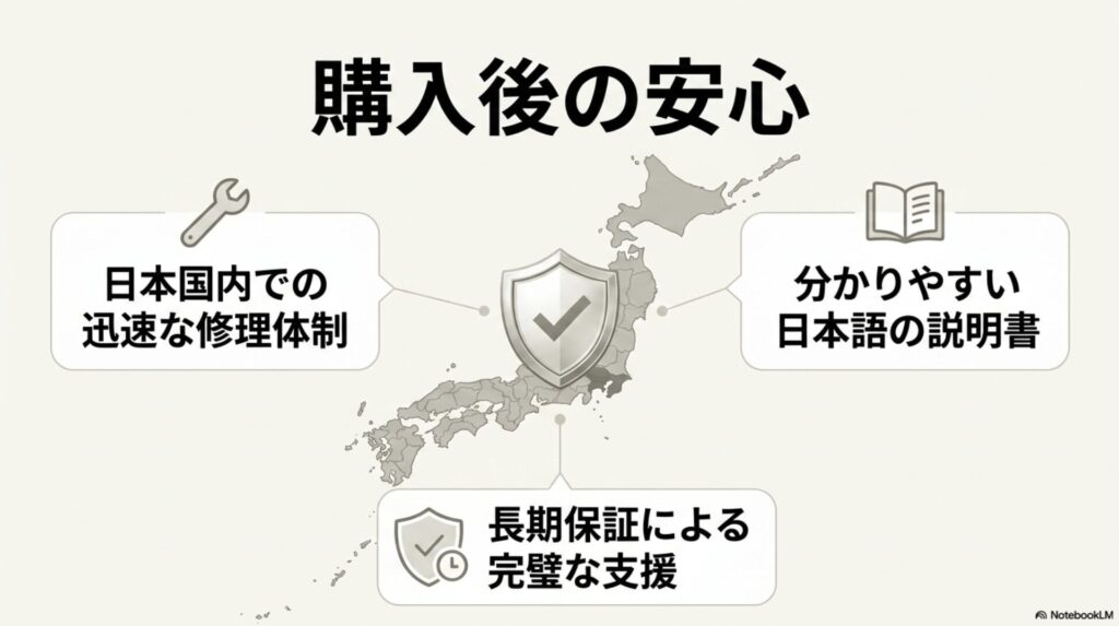 日本国内での迅速な修理体制と長期保証、日本語説明書の安心感