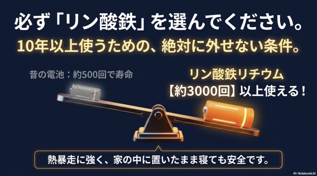 従来の電池（約500回）とリン酸鉄リチウム（約3000回以上）の寿命の差を比較し、安全性の高さを強調するスライド。