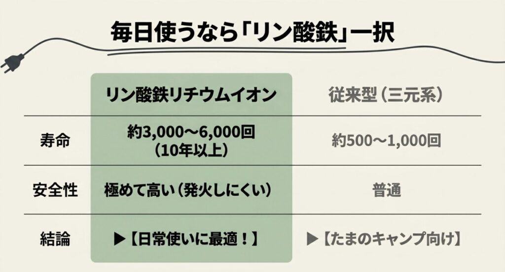 寿命3,000回以上のリン酸鉄リチウムイオン電池と従来型三元系の、サイクル回数や安全性の違いをまとめた比較表