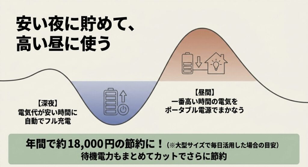 電気代の安い深夜に自動充電し、高い昼間に使うことで年間約18,000円節約できる仕組みの解説図