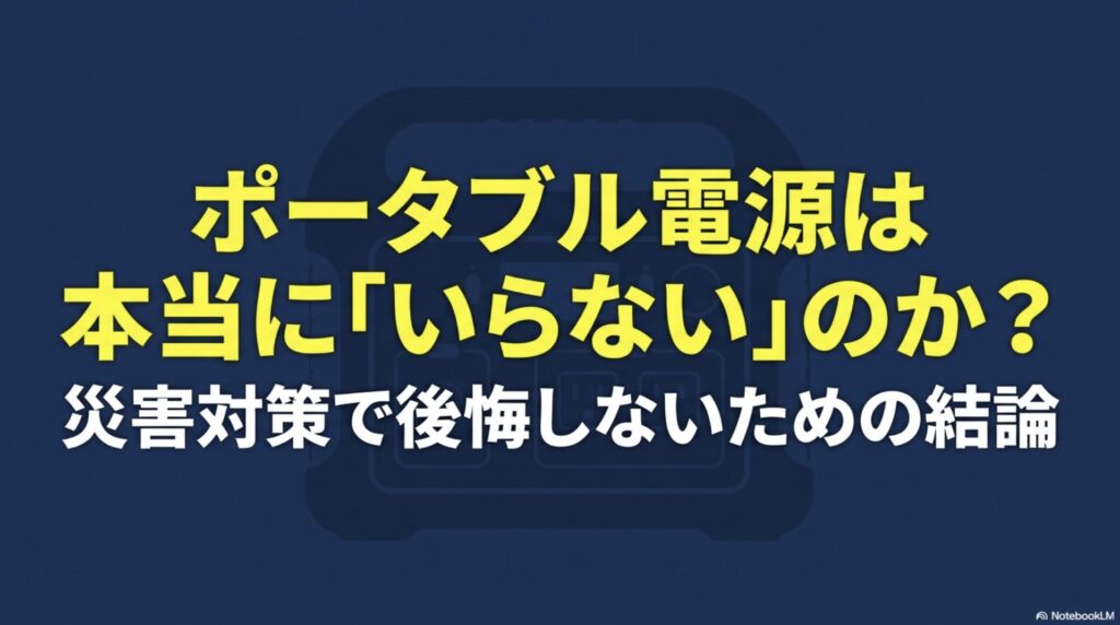 ポータブル電源は本当にいらないのか、災害対策で後悔しないための結論をまとめたスライドの表紙画像