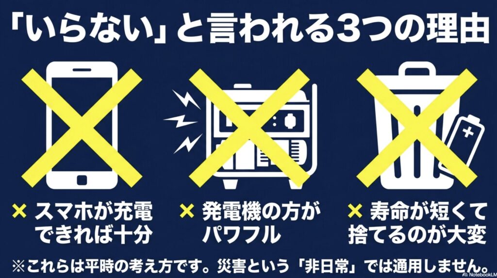スマホ充電、発電機との比較、寿命と廃棄の悩みという、ポータブル電源が不要とされる3つの理由を示すイラスト