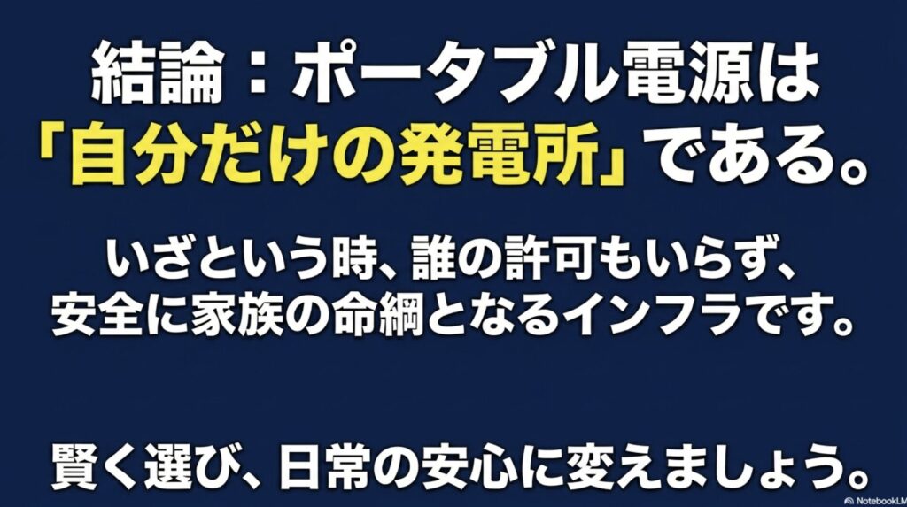 ポータブル電源は誰の許可もいらず安全に家族の命綱となるインフラであるという結論のまとめ