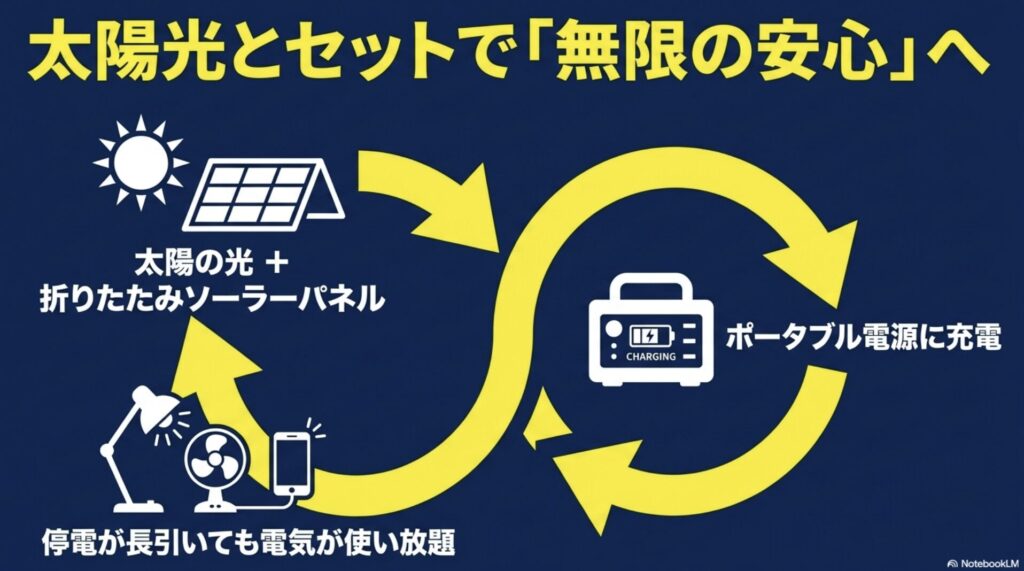 太陽光とソーラーパネルを使い、ポータブル電源へ充電することで、停電が長引いても電気が使い放題になる仕組みのイラスト