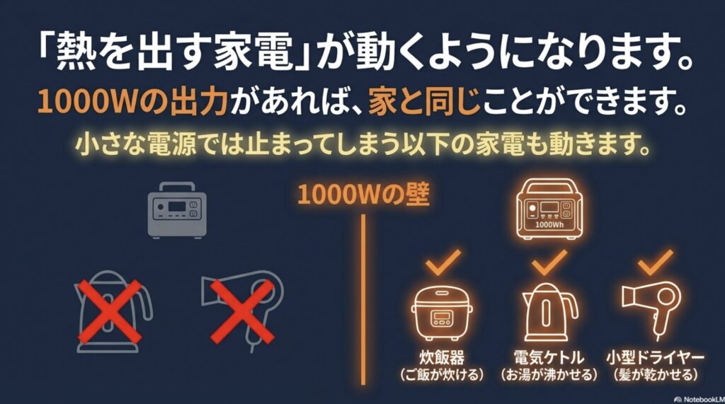 炊飯器、電気ケトル、ドライヤーなど、1000W以上の出力がある電源で動かせる家電製品のイラスト。