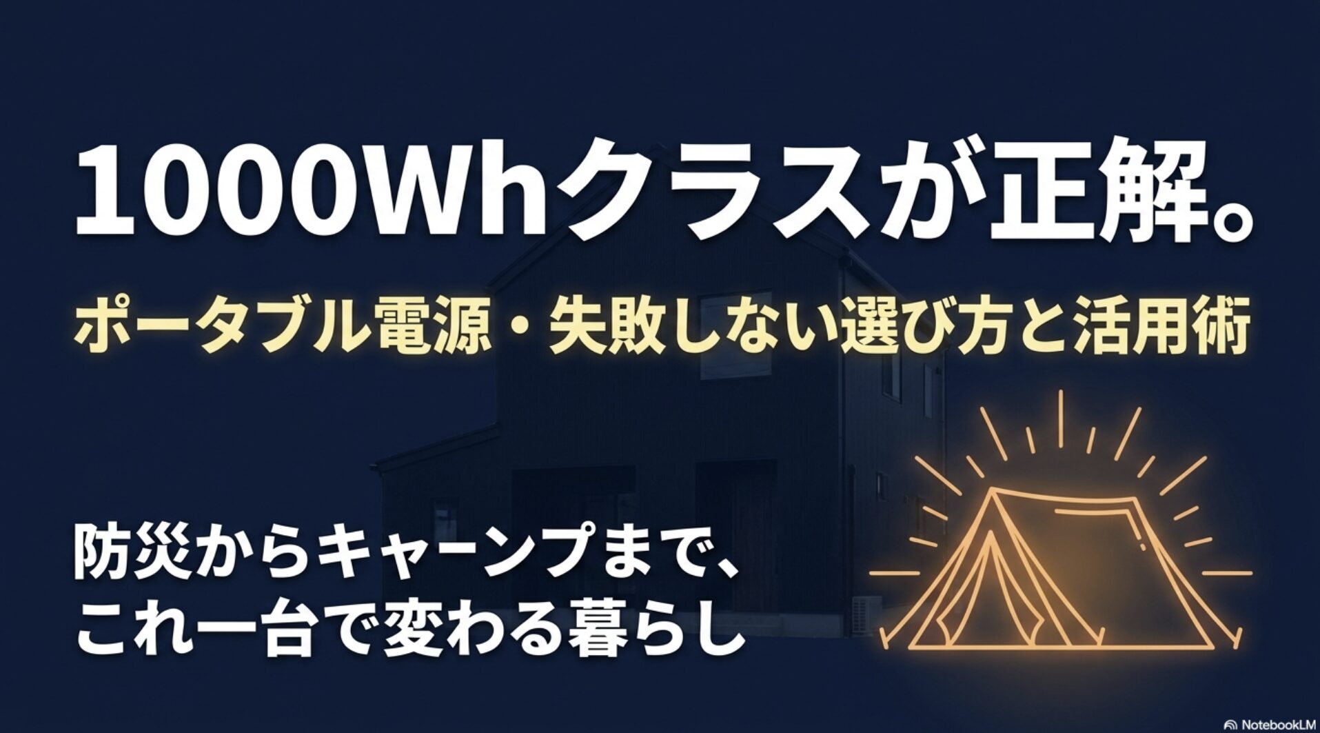 1000Whクラスのポータブル電源が防災やキャンプに最適であることを伝えるスライド資料の表紙画像。