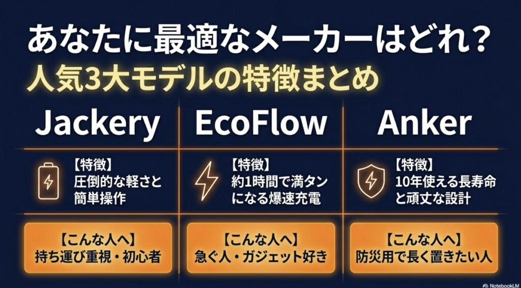 軽量のJackery、爆速充電のEcoFlow、長寿命のAnkerといった各メーカーの特徴とおすすめのユーザーをまとめた図解。