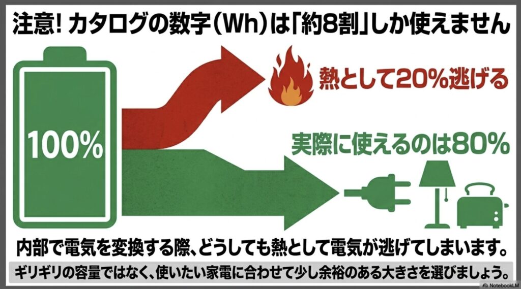 内部での電気変換時に熱として約20%が逃げ、実際に使えるのは容量の約8割であることを示す図。
