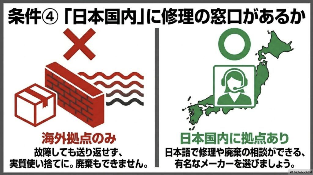 海外拠点のみで使い捨てになるリスクと、日本国内に拠点があるメーカーを選ぶメリットを説明した図。