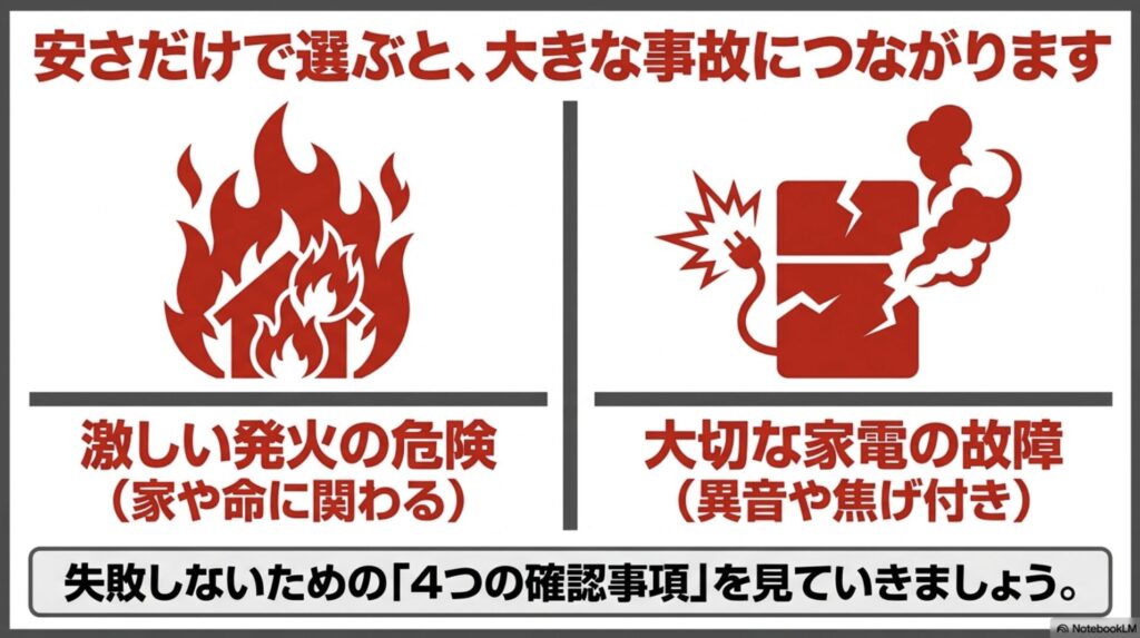 ポータブル電源の発火事故や家電の故障リスクを警告するイラスト。安さだけで選ぶことの危険性を示している。