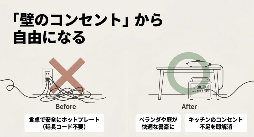 延長コード不要で食卓で安全にホットプレートを使う様子や、ベランダ・キッチンでの活用Before/After比較図