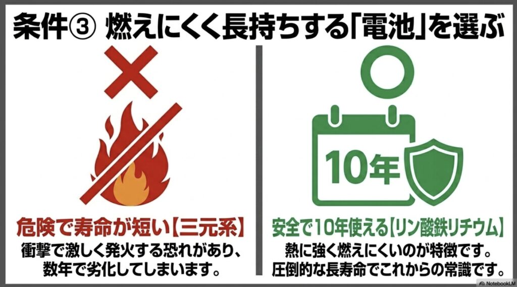 衝撃で発火しやすい三元系電池と、安全で10年使えるリン酸鉄リチウム電池の比較解説図。