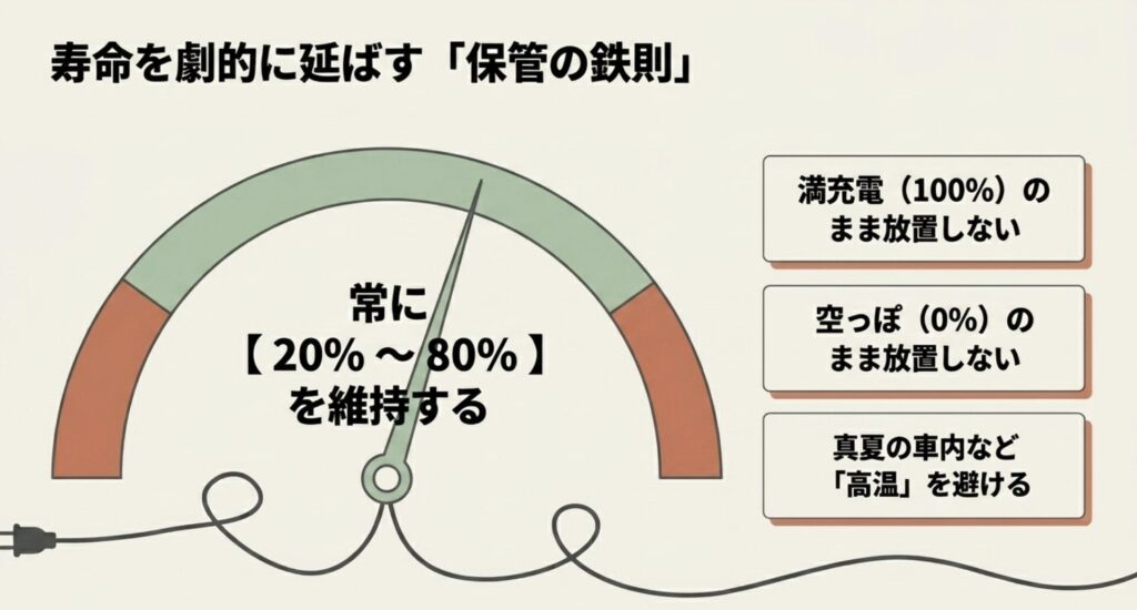 バッテリー残量20%から80%の維持、満充電・空っぽ放置の禁止、高温回避など寿命を延ばす保管方法の解説図