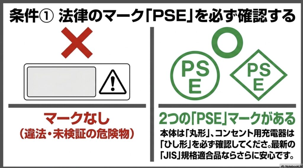 ポータブル電源本体に必要な丸形PSEマークと、ACアダプターに必要なひし形PSEマークの解説図。