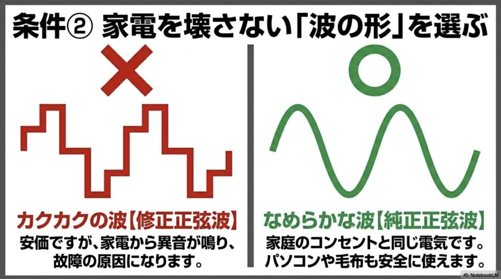カクカクした修正正弦波と、家庭用コンセントと同じ滑らかな純正正弦波の波形比較図。