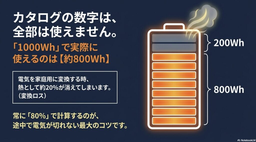 定格1000Whの電源でも、変換ロスにより実際に使えるのは約800Wh（80%）であることを示すバッテリーの図解。