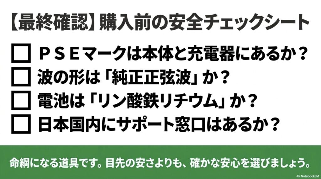 PSEマーク、純正正弦波、リン酸鉄リチウム、国内窓口の4点を最終確認するための安全チェックシート。