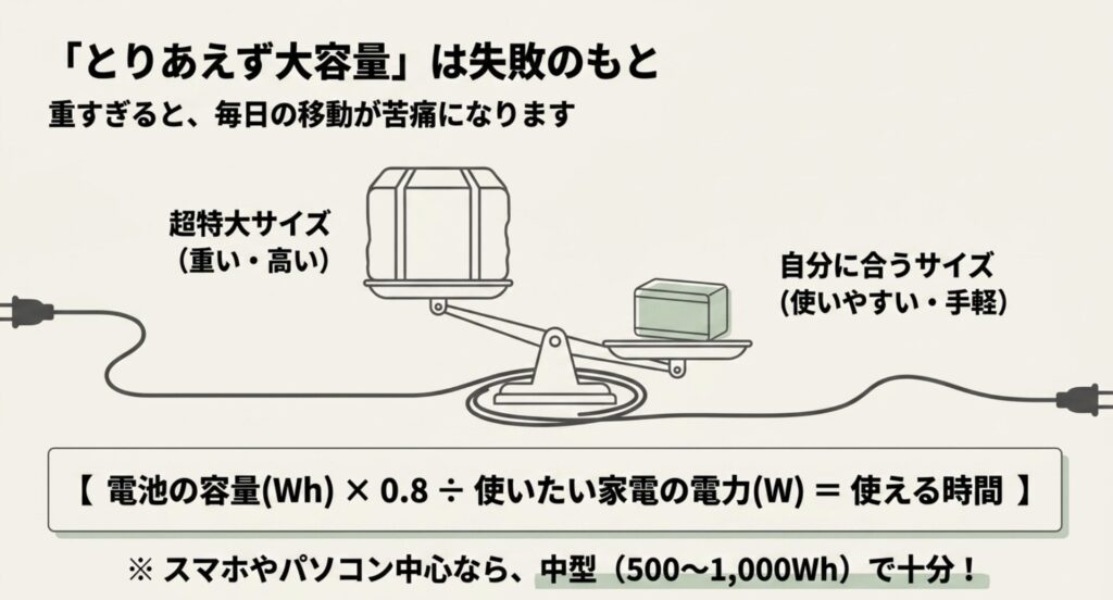 ポータブル電源の容量から家電の使える時間を出す計算式と、用途に合わせたサイズ選びのポイント解説