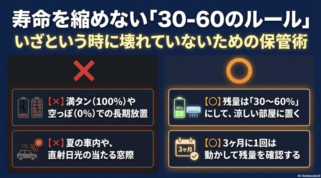満タンや空っぽでの放置を避け、残量を30〜60%に保ち、3ヶ月に一度点検することを示す保管メンテナンスの図。
