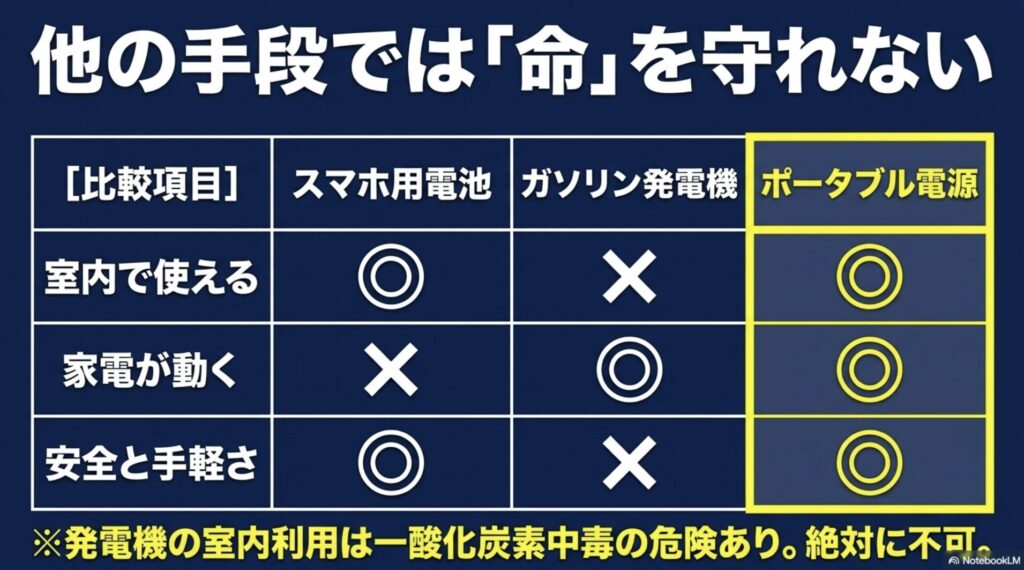 室内利用、家電の動作、安全性と手軽さの3項目でスマホ用電池・ガソリン発電機・ポータブル電源を比較した表