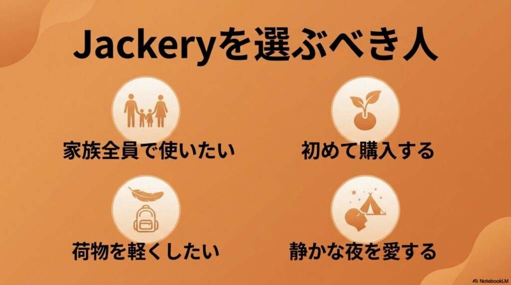 家族利用、初心者、軽量化、静音性を重視する人向けのチェックリスト