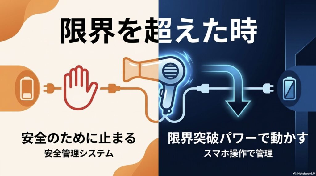 負荷限界時のJackeryの安全停止とAnkerの限界突破パワーの制御比較