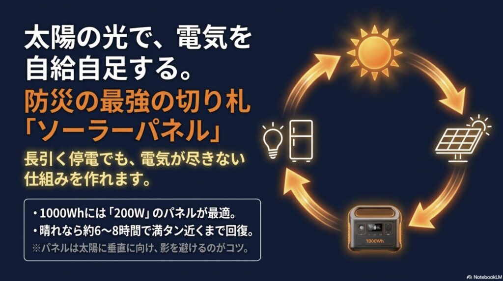 1000Whの電源に200Wのパネルを組み合わせ、晴天時に6〜8時間で満タンにする仕組みを説明する防災向けスライド。